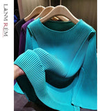 LANMREM High-end Turquoise Women's Pleated T-hsirt Flared Sleeve Long Sleeve Loose Fit Casual Stylish Pullover Top 2DB7543