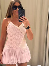Pink Color Block Lace Spaghetti Strap Mini Dress Women Sweet Deep V Sleeveless Bubble Hem Dresses Lady Daily Dating Casual Gown