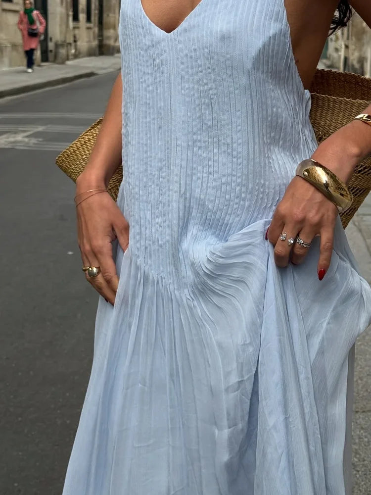 Sexy Women's Solid Color Pleated Long Dress Elegant Sleeveless Suspender Backless Slim Fit Dresses Beach Party Women's Robe