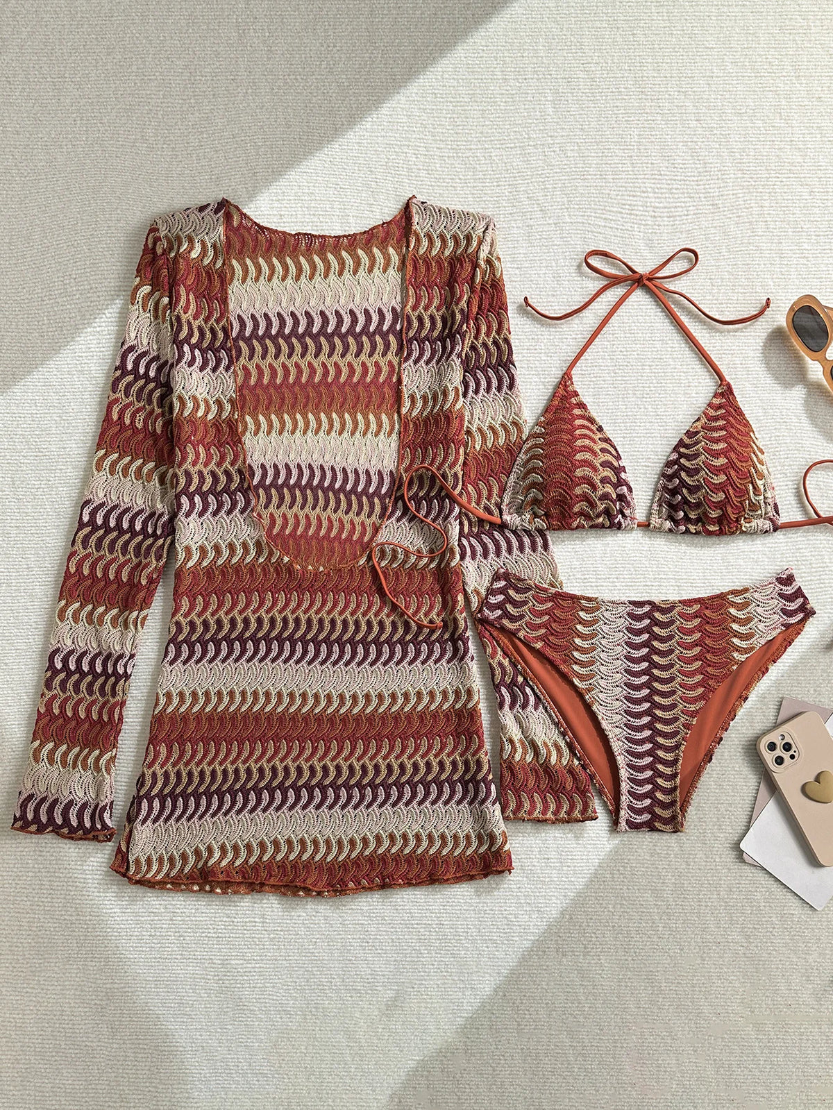 2026 with Long Sleeve Cover Up Printed Bikini Women Swimwear Female Swimsuit Three Pieces Bikini Set Bather Bathing Suit Swim