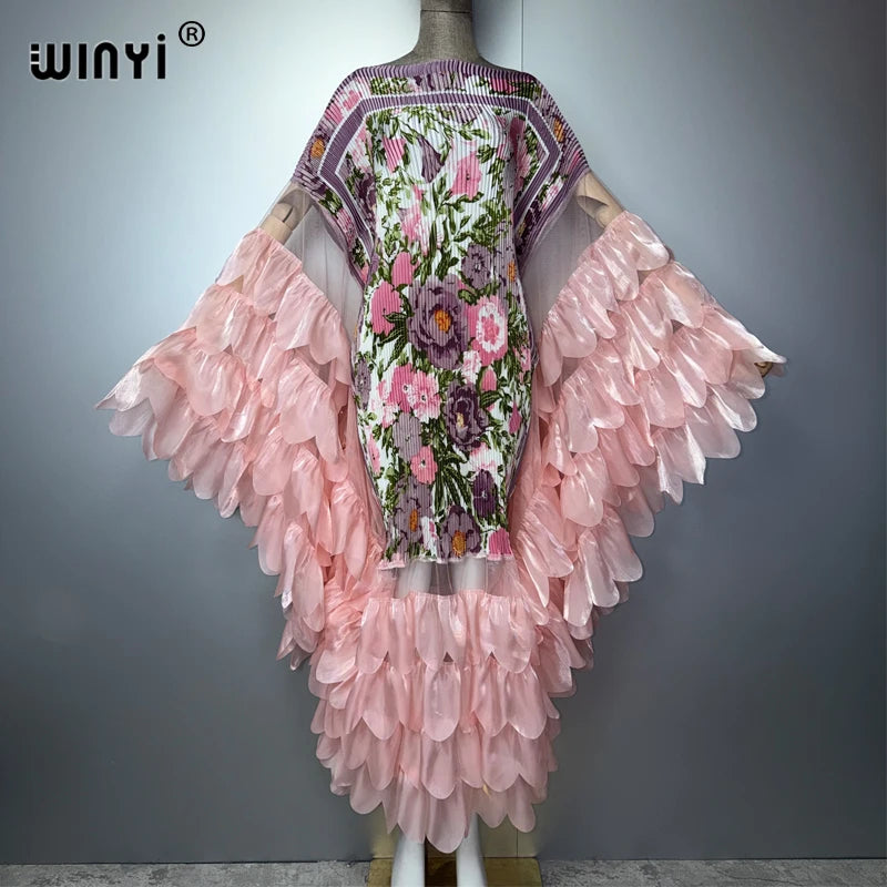 WINYI Summer Women's Casual Dresses Elastic Slim Pleated Dress Abaya Dubai Luxury Party Dress Muslim Woman Boho Evening Dress