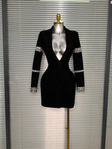 Brand New 2025 Women Sexy Deep V Neck Long Sleeve Beaded Blazer Bandage Dress Elegant Evening High Street Party Dress