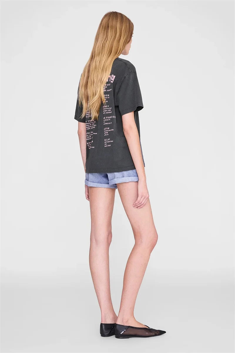 The North America Style Women's Summer 100% Cotton Fashionable Casual Slim Fit Face Printed Round Neck Short Sleeved T-shirt Top