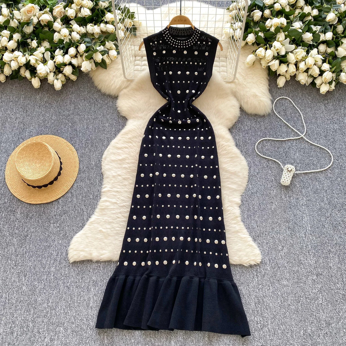 Diamonds Vestidos Spring Summer Dress V-neck Sleeveless Dresses High Waist Fishtail Knit Vestido 2026 New O-neck Ropa Mujer