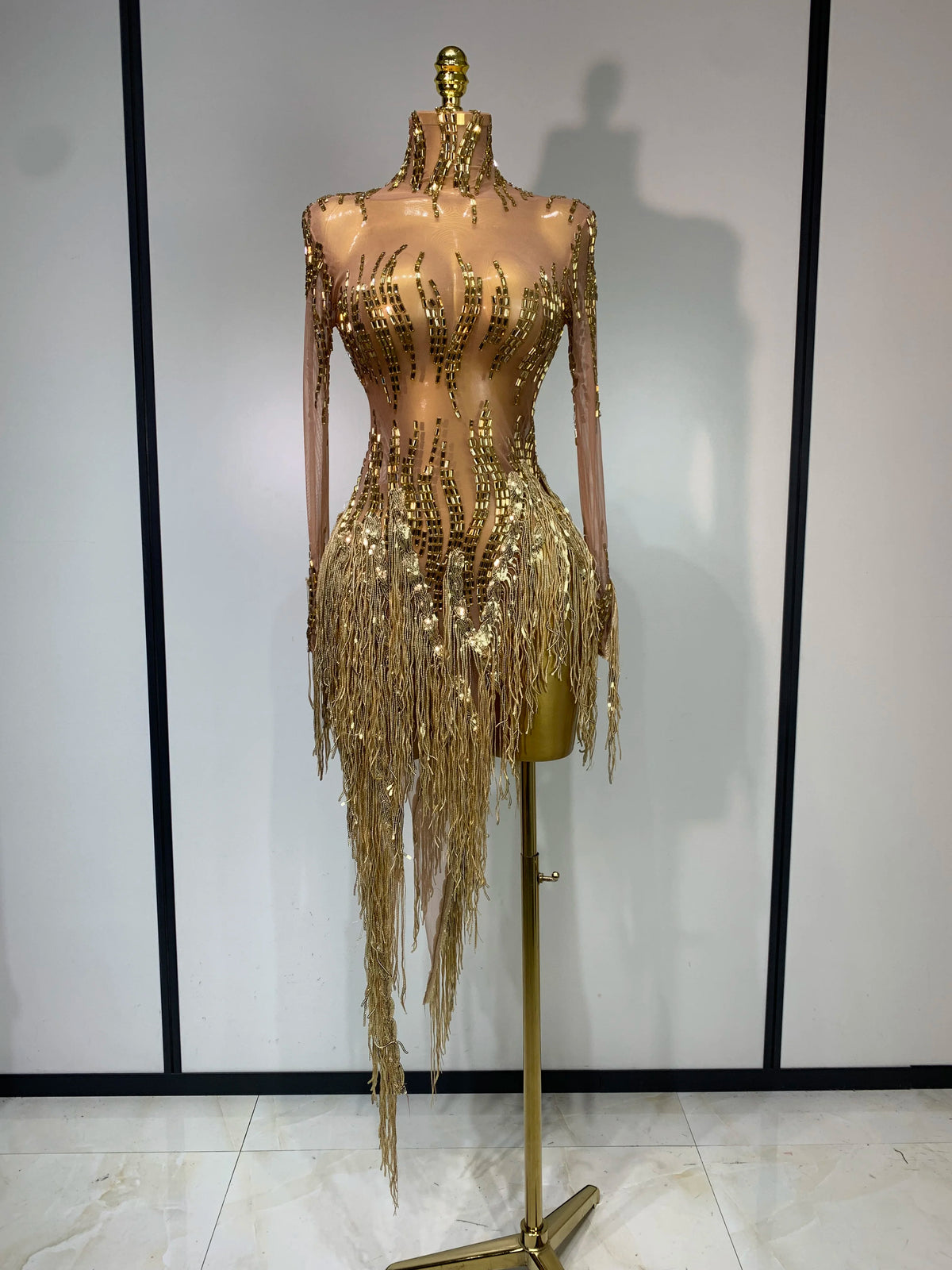 Sexy Stage Costume Sparkly Rhinestone Golden Tassel Mesh Dress Evening Party Luxury Birthday Nightclub Bar DJ Dancer Outfit