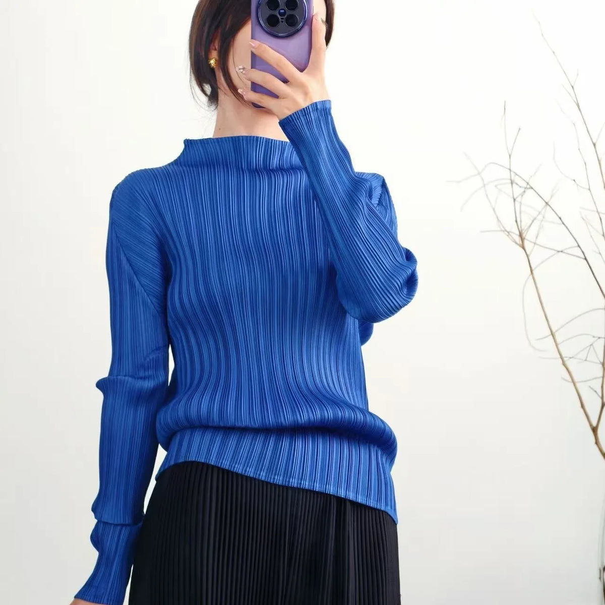 Miyake Style Simple Solid Color Bottoming T-Shirt Women's Long Sleeve High Elasticity Slim Fit Versatile Solid Color Pleated Top