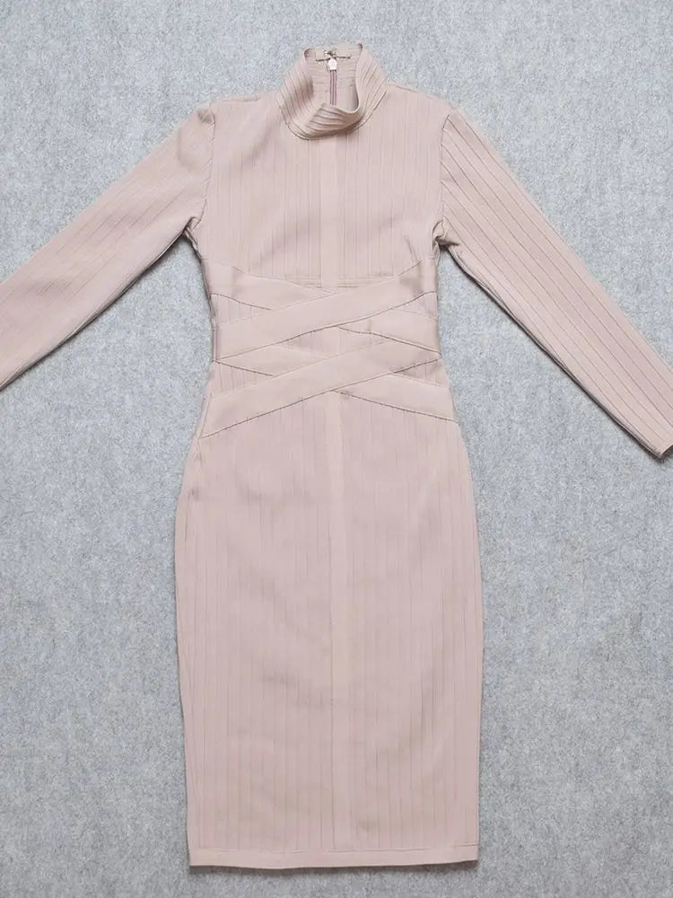 BEAUKEY Sexy Red Bandage Dress 2023 Nude Turtleneck Long Sleeves Office Bodycon Dress Cross Criss Women Midi Vestidos Maxi XL