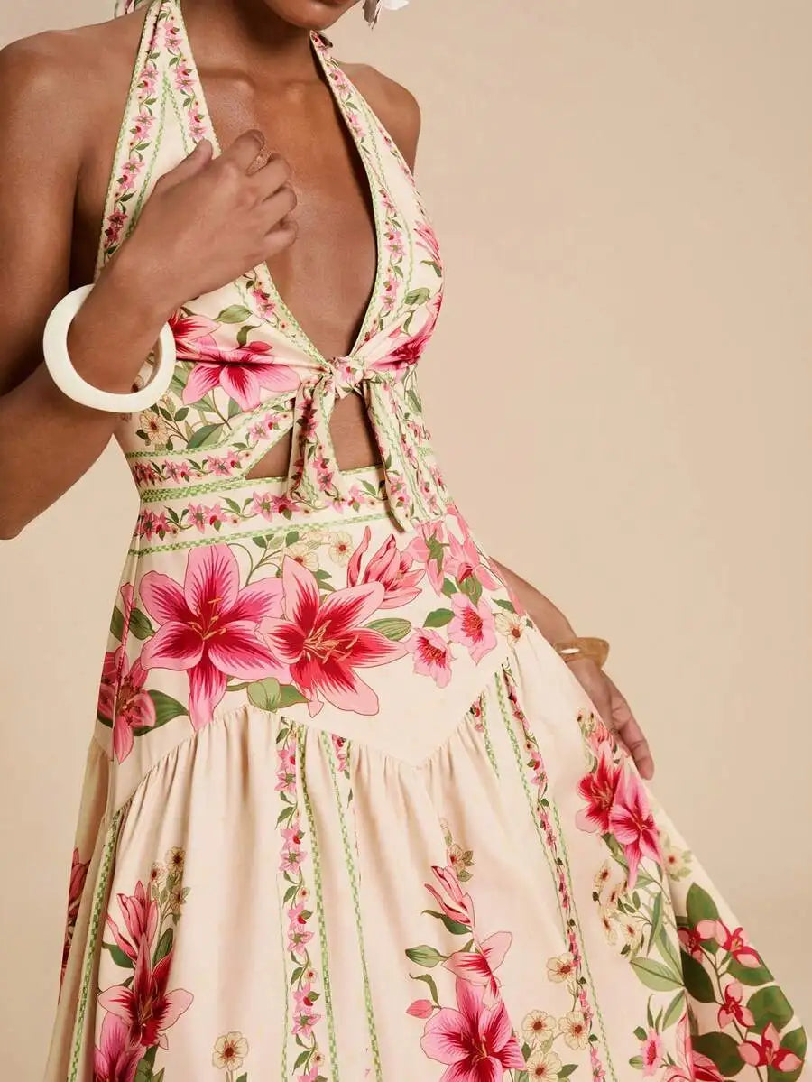 Elegant Floral Print Vacation Halter Backless Sexy Dress,Dresses For Women Summer