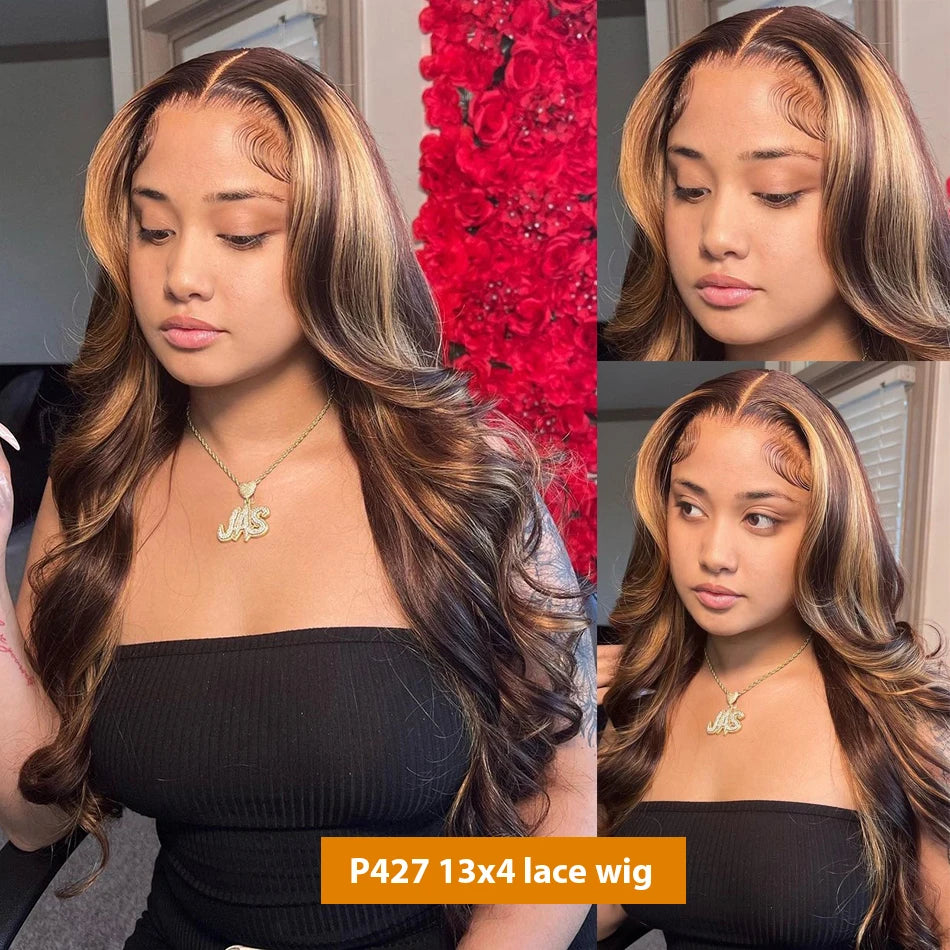 Highlight Body Wave Wig Human Hair 13X6 Hd Lace Frontal Wig P427 1B30 Black Brown Blonde 13X4 Front Ombre Colored Wig 30 36 Inch