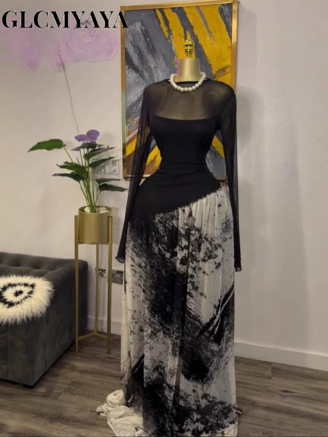 GLCMYAYA Women Mesh Print Full Sleeve O-neck Elegant Long Maxi Dress Fall Birthday Holiday Evening Sexy Party Dresses Vestidos