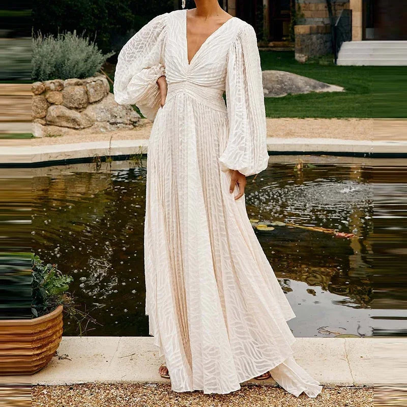 Elegant V-neck Jacquard Swing Long Dress Women Casual Lantern Sleeve Loose Party Dress Fashion Hight Waist Pleated Evening Dress