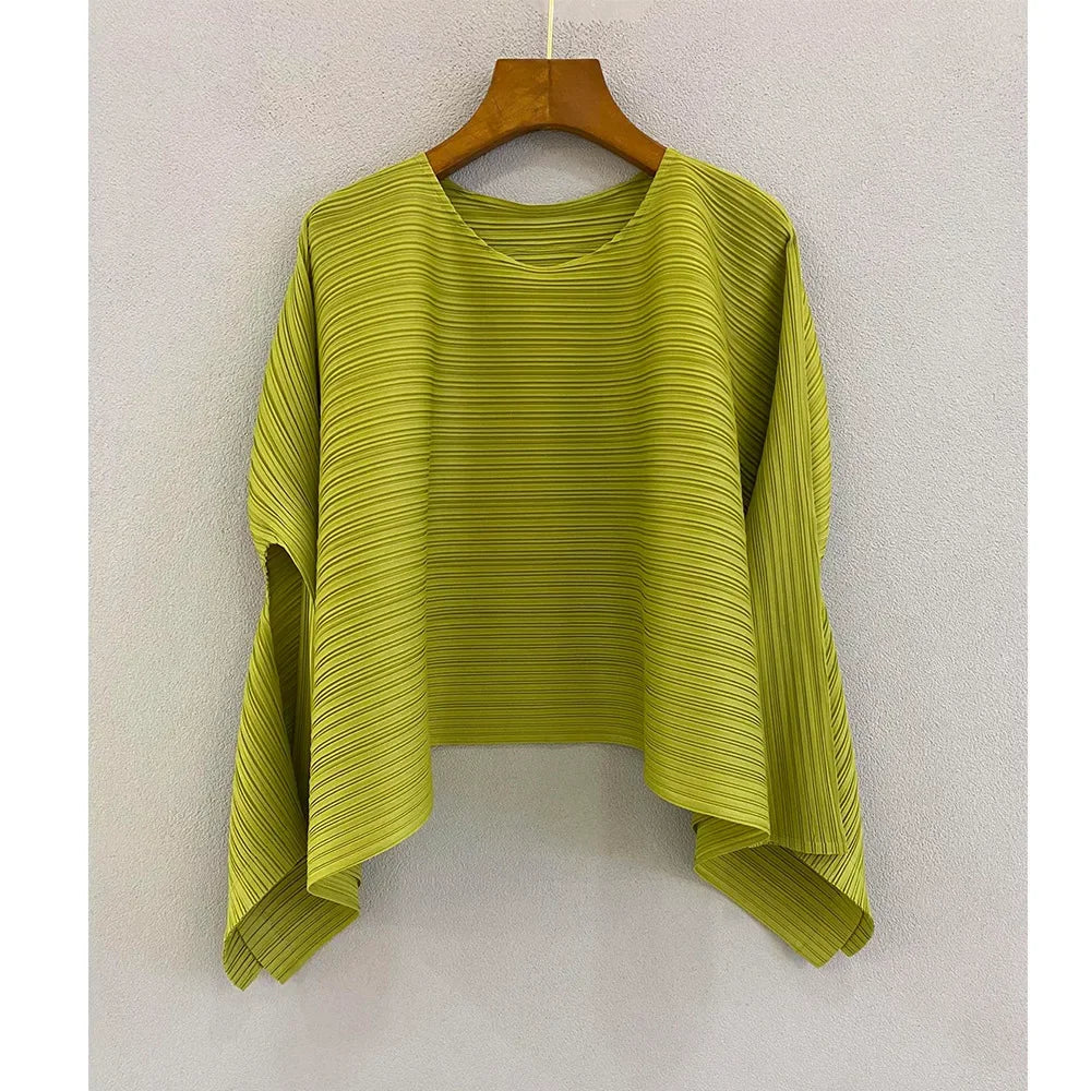 ALSEY Miyake Women's Long Sleeve Top Summer New Harajuku Style Simple Plus Size Loose Peplum Pleated T-shirt Female Clothing