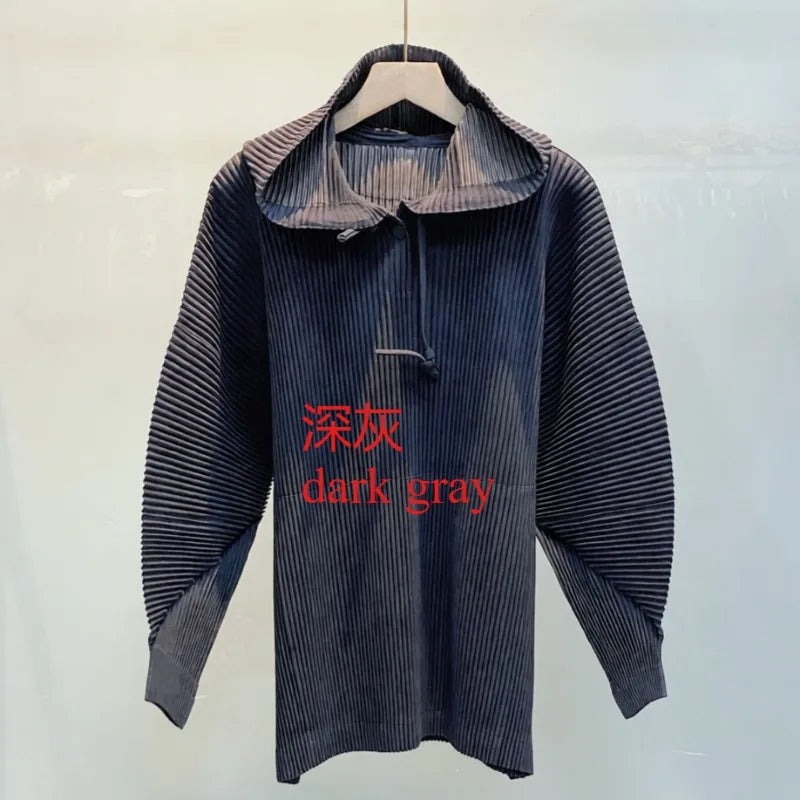 Miyake Casual Stand-up Collar Pullover Sweater Autumn and Winter New Solid Color Loose Pleated Long-sleeved Jacket Women