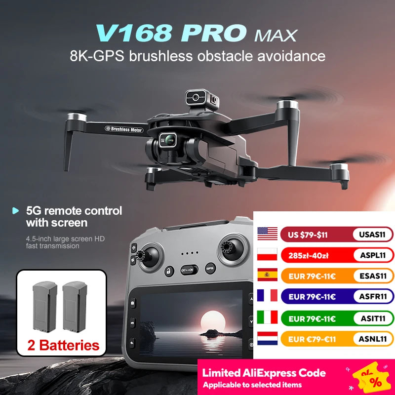 V168 Max Mini Drone Screen Ccontrol 8K HD Dual Cameras Remote 5G WIFI FPV Remote Control Portable Obstacle Avoidance Drone