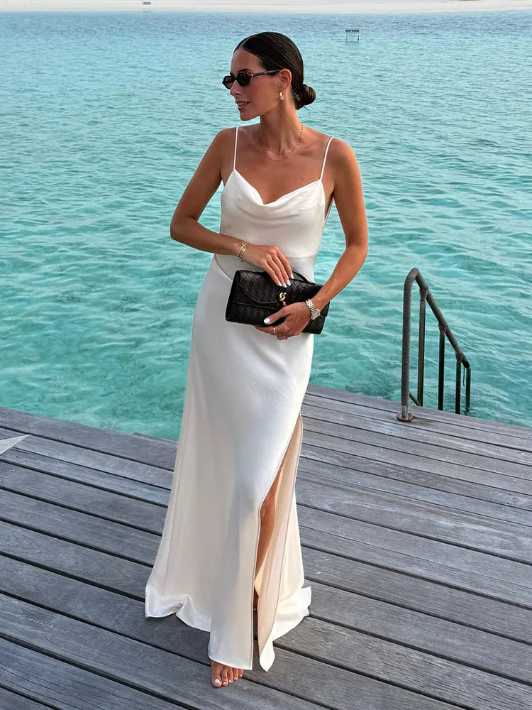 White Dresses Woman V-Neck Waist Cinching Slit Sleeveless Pleated Vacation Maxi Robes Elegant Fashion Women's New Long Dress