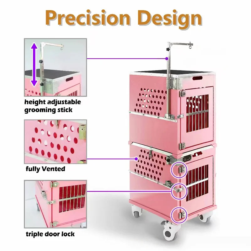 Stackable Lockable Aluminum Two Berth Double Decker Dog Show Cage Set Trolley Grooming Arm Drawer Button