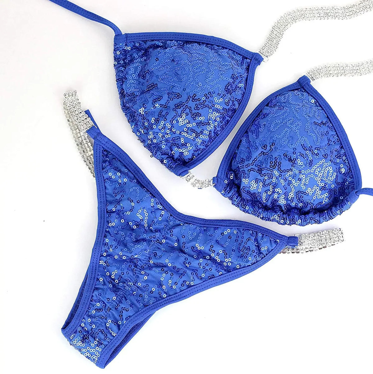 NPC IFBB Pro Competition Bikini Posing Suit for Women Rhinestone Connectors Scrunch Bikini