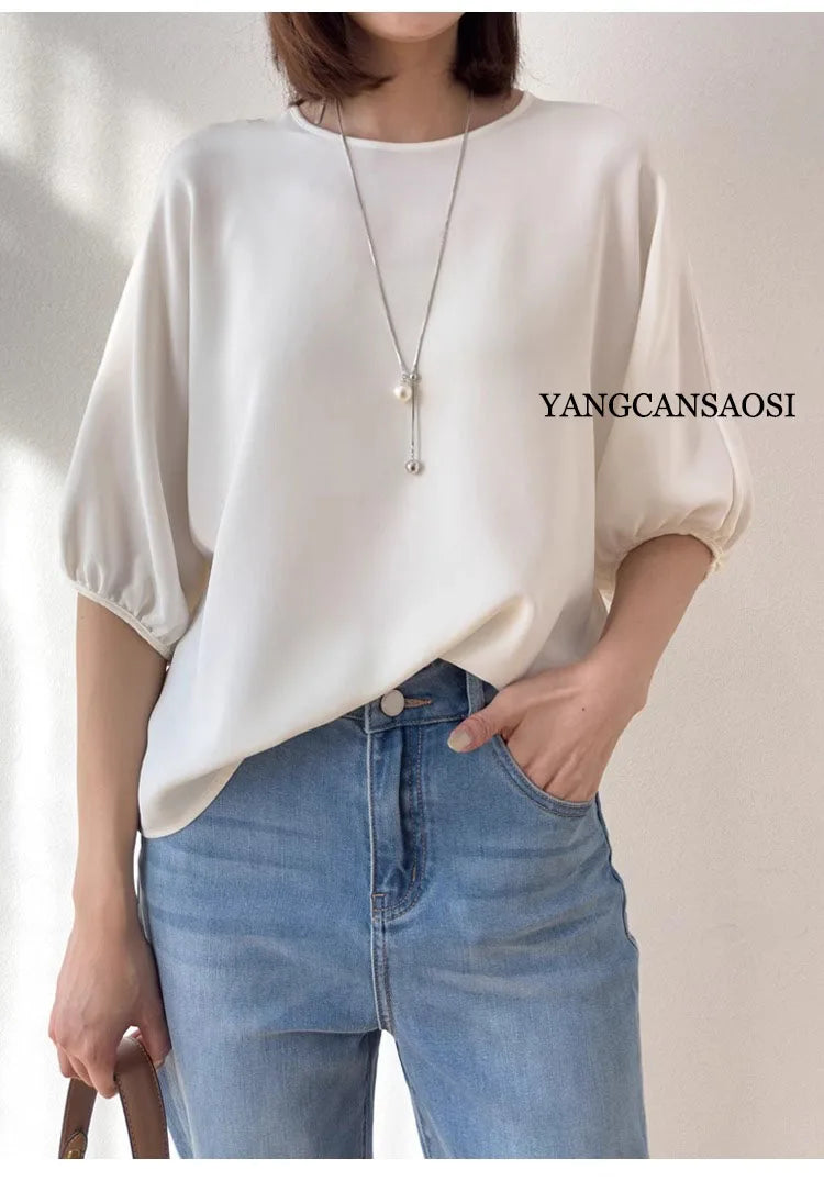 26MM Heavy Weight 93% Natural Mulberry Silk Elastic Wrinkled Round Neck Batwing Half Sleeve Women's Casual Solid Color T-shirt