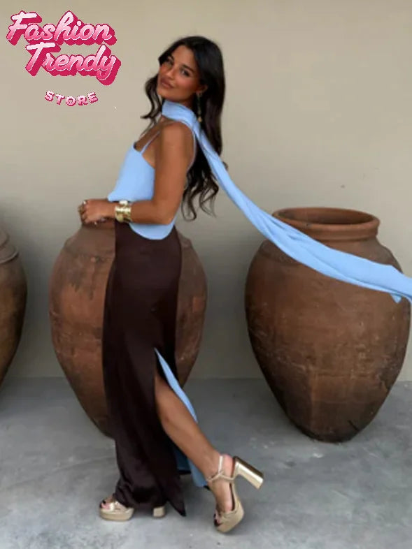 Spaghetti Strap Cape Neck Two Tone Maxi Dress Spaghetti Strap Slimming Sundress 2026 Summer Holiday Chic Ladies Party Vestidos