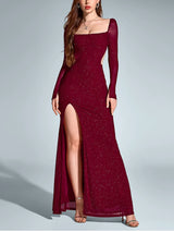 NewAsia Women's Long Sleeve Cut Out Sequin Long Dress Side Slit Backless Bodycon Fashion Club Party Maxi Dresses Wine