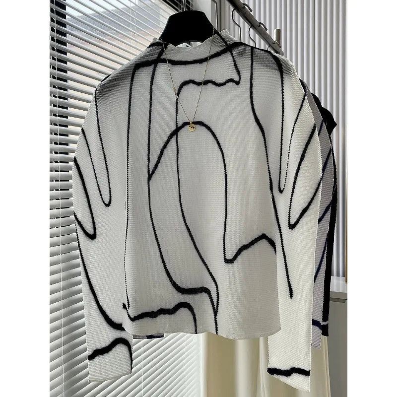 Miyake Pleated T-Shirt 2026 Spring Niche Design Personality Versatile Long Sleeve Pleats Print Top High Neck Slim Fit T-Shirt
