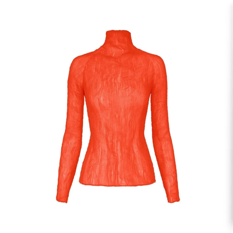 LANMREM Turtleneck Long Sleeve Pleated Women's T-shirt High Elastic Slimming Fashion Semitransparent Pullover Tops 2DB6192