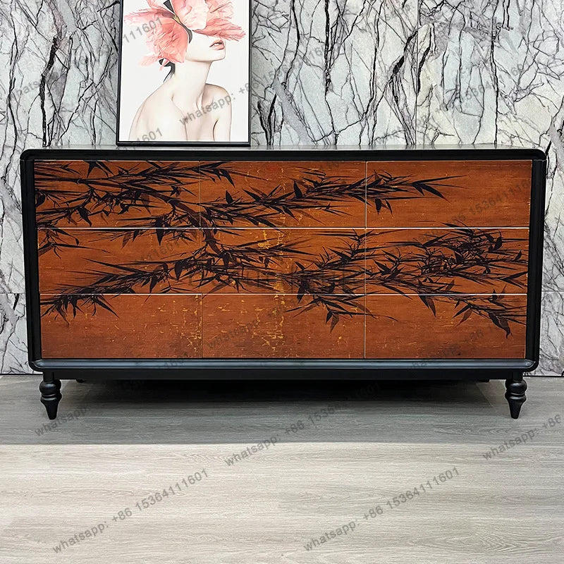 D14 Medieval ink bamboo solid wood bucket cabinet, living room storage, bedroom decorative storage cabinet