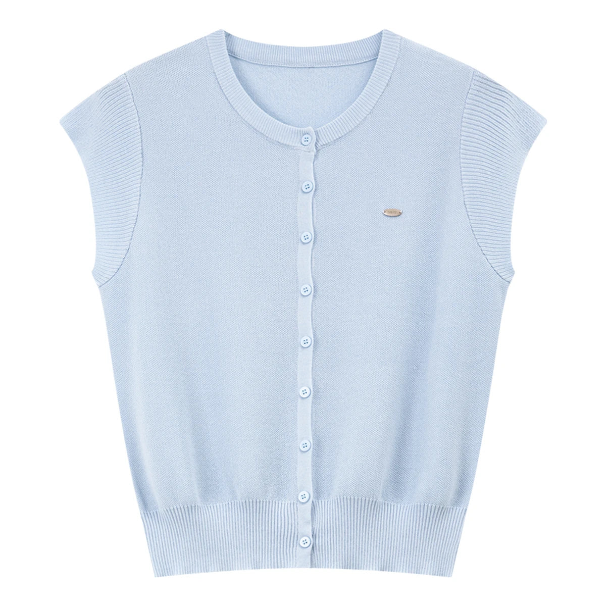 VIMLY Women's Casual Knit Short Sleeve T-shirt 2026 Summer New Blue Crew Neck Button Down Flutter Sleeve Minimalist Top 30935