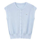 VIMLY Women's Casual Knit Short Sleeve T-shirt 2026 Summer New Blue Crew Neck Button Down Flutter Sleeve Minimalist Top 30935