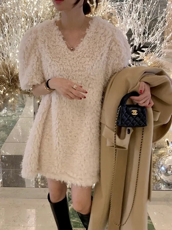 Chic Autumn Winter Short Sleeve V Neck Fluffy Casual Color Dress Women's Loose Fit City Walk a Line Skirt Korean Style