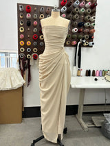 DEAT Fashion Ruched Slit Strapless Dresses Women's Sleeveless Bodycon Yellow Maxi Party Dresses New 7A4256