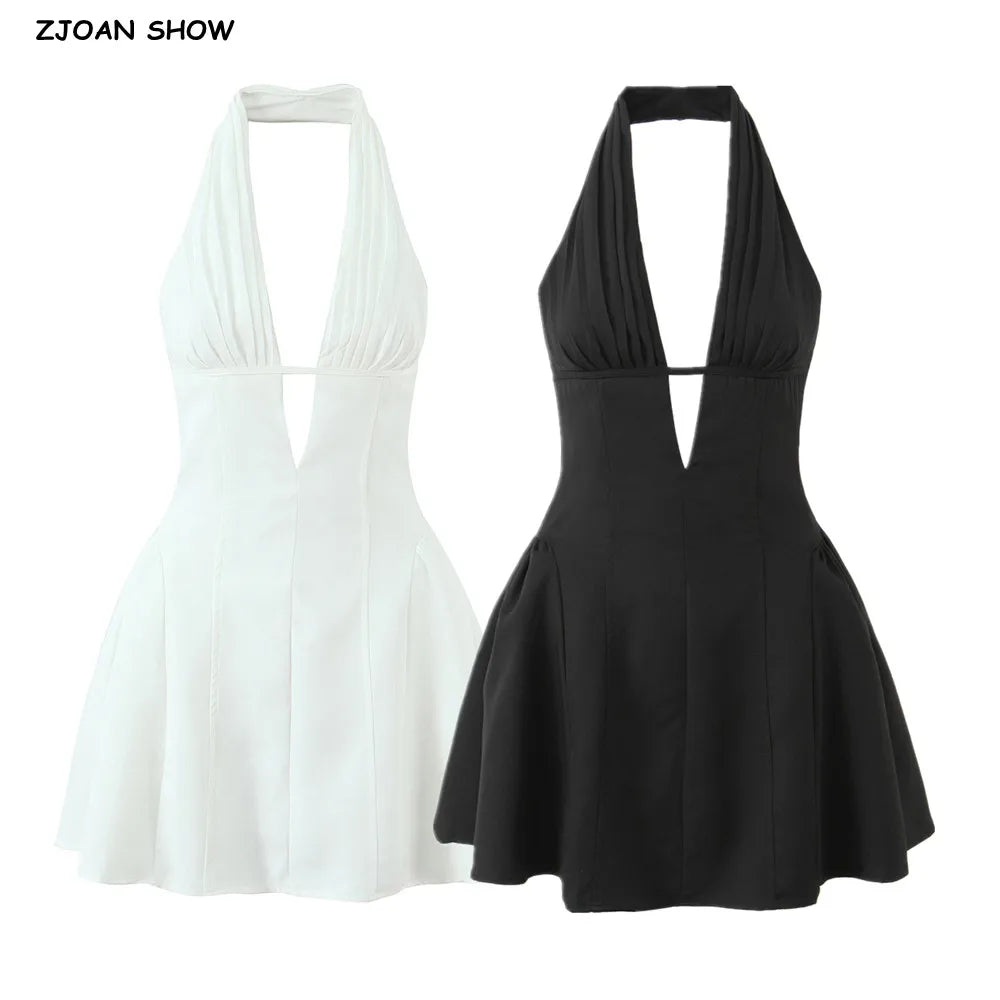 Sexy White Black Pleated Ruched Halter Dress Women Deep V Neck Slim Low Waist Swing Ball Gown Short Dresses Robe Femme Vestidos