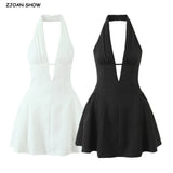 Sexy White Black Pleated Ruched Halter Dress Women Deep V Neck Slim Low Waist Swing Ball Gown Short Dresses Robe Femme Vestidos