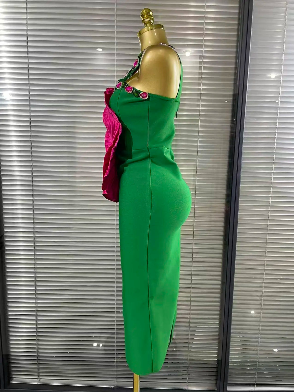 Big Rosered Florals Green Color Women Sexy One Shoulder Sparkly Crystal Bodycon Bandage Mid-calf Dress Celebrate Nightclub Wear