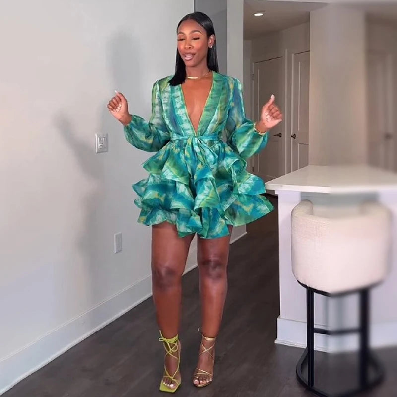 Elegant Sexy Mini Gowns Classic Green Waist Tie Tiered Ruffle Hem Dresses Summer Stylish Women Night Out Party Outfits