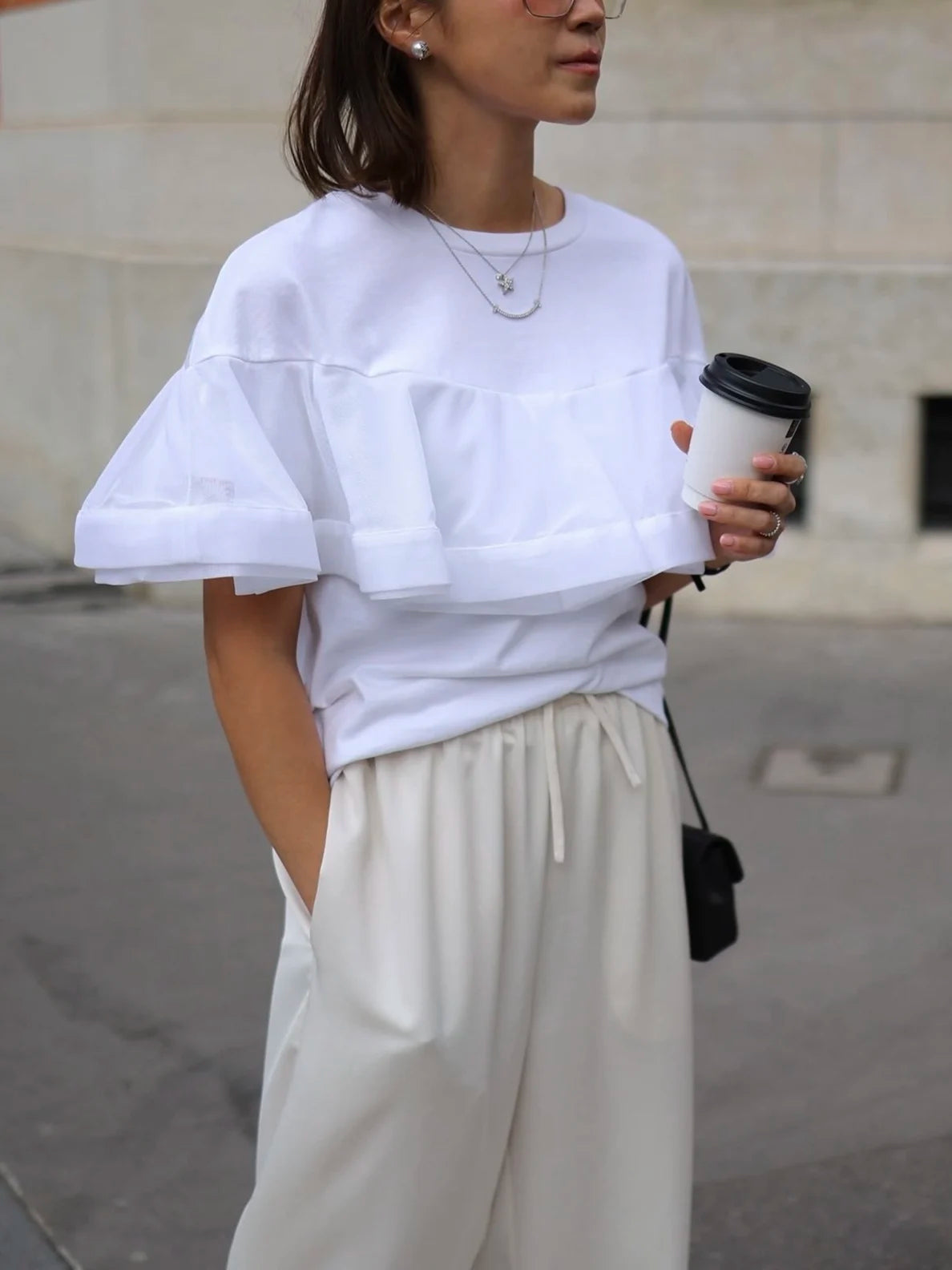 Ayako Gyp Tulle Tee Spliced Sleeve T-Shirt Women's Casual Cotton Short Sleeve round Neck Moisture Wicking T-Shirt