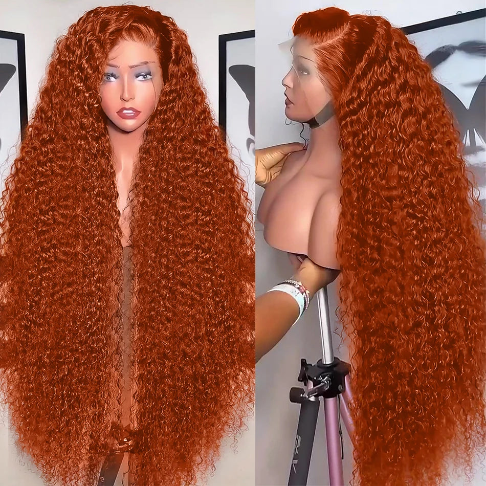 34inch Orange Ginger Water Wave Lace Front Wigs 13x4 13x6 #350 Colored Wigs Brazilian Human Hair Deep Curly Wigs 260Density