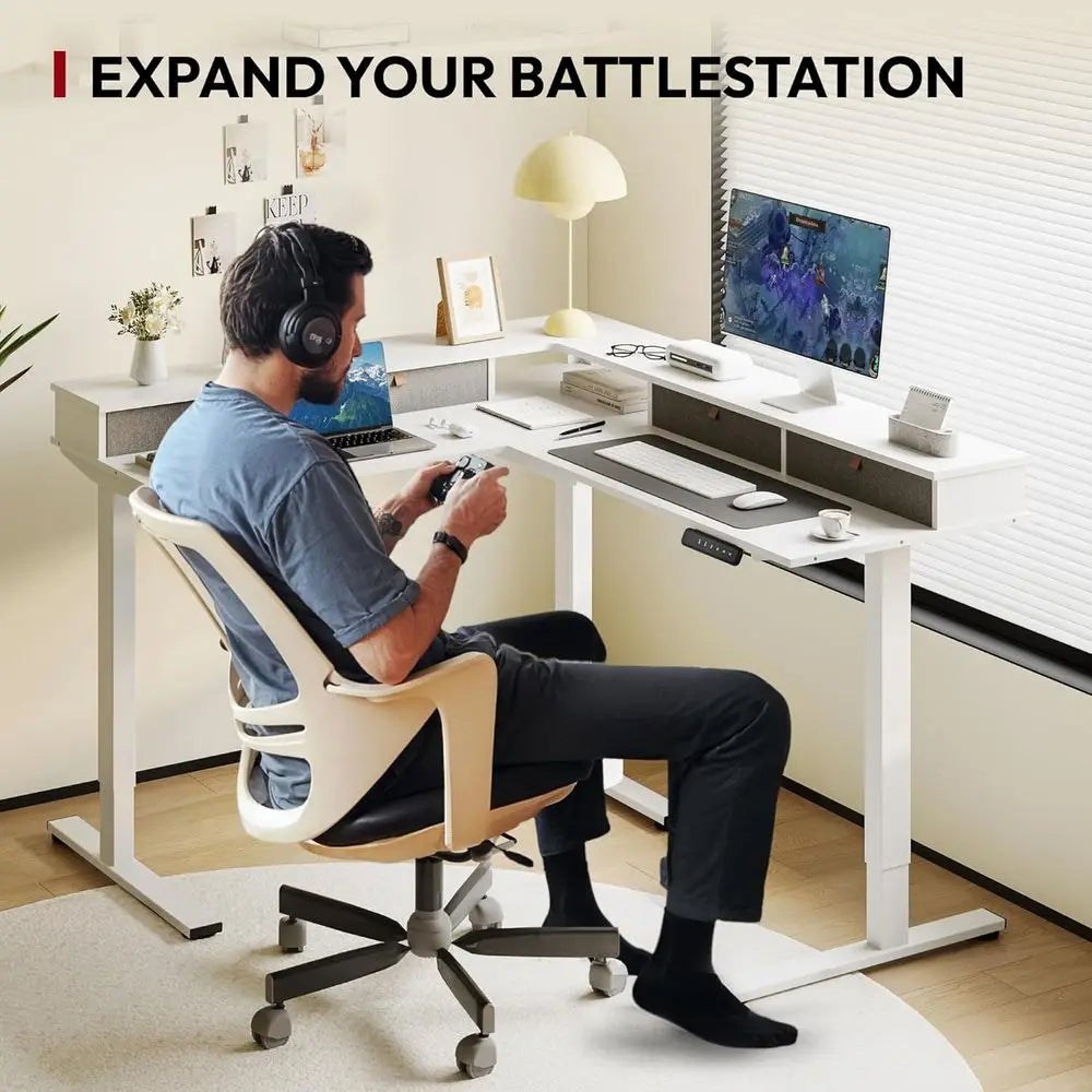 71 Adjustable Height L-Shaped Desk, White Top, with 4 Drawers and Monitor Stand for Gaming and Standing Work