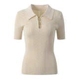 Twisted Knit Sweater T-shirt Women Summer Fashion Buttons Hollow Out Short Sleeve Top Office Lady Turn-Down Collar Knitwear Tee