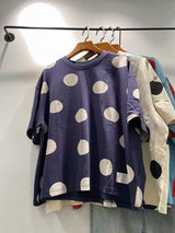 2027 Mori Girl Japanese Style Polka Dot T-Shirt for Women, Oversized Cotton Short Sleeve Casual Loose Fit Top