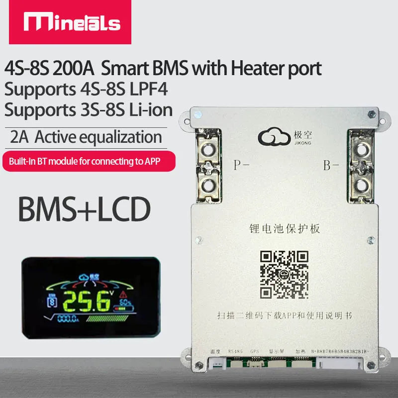 Active BMS 4S 5S 6S 7S 8S 200A Smart BMS 2A Active Balance Energy Transfer Built-in Bluetooth APP LCD 12V 24V 3S Jikong BMS PCM