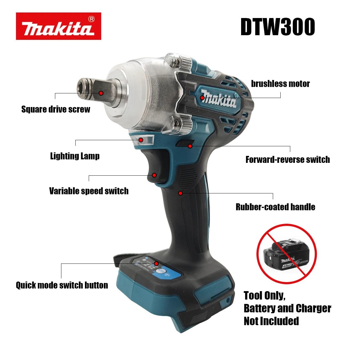 Makita DTW300 18V Brushless Cordless Wrench High Torque Auto Repair Tool Set Lithium-ion Power Wind Cannon for Tire Removal