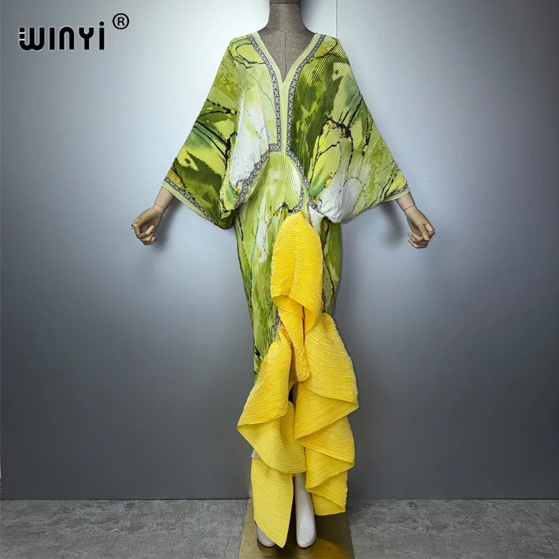 WINYI Pleated Slim High-Fork Dress for Women Fashion Beach Cover-Up Muslim Kaftan Abaya Dubai Luxury Long Evening Gown