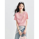 VIMLY Women's French Pink Short Sleeve T-shirt 2026 Summer New Flower Pouch Design Crew Neck Top Fashion Casual Wear A6828