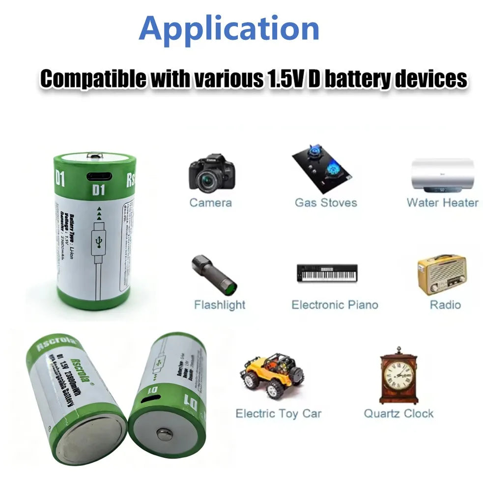 USB D Li-ion Rechargeable Batteries, High Capacity 1.5V 23800mWh Rechargeable D Battery, 4 H Fast Charge with Type C Port Cable