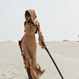 2 Pieces Set Women's Jacquard Knit Hooded Dress+Oversleeves Sets Desert Holiday Travel Wear Sand Dune Wasteland Style Dresses