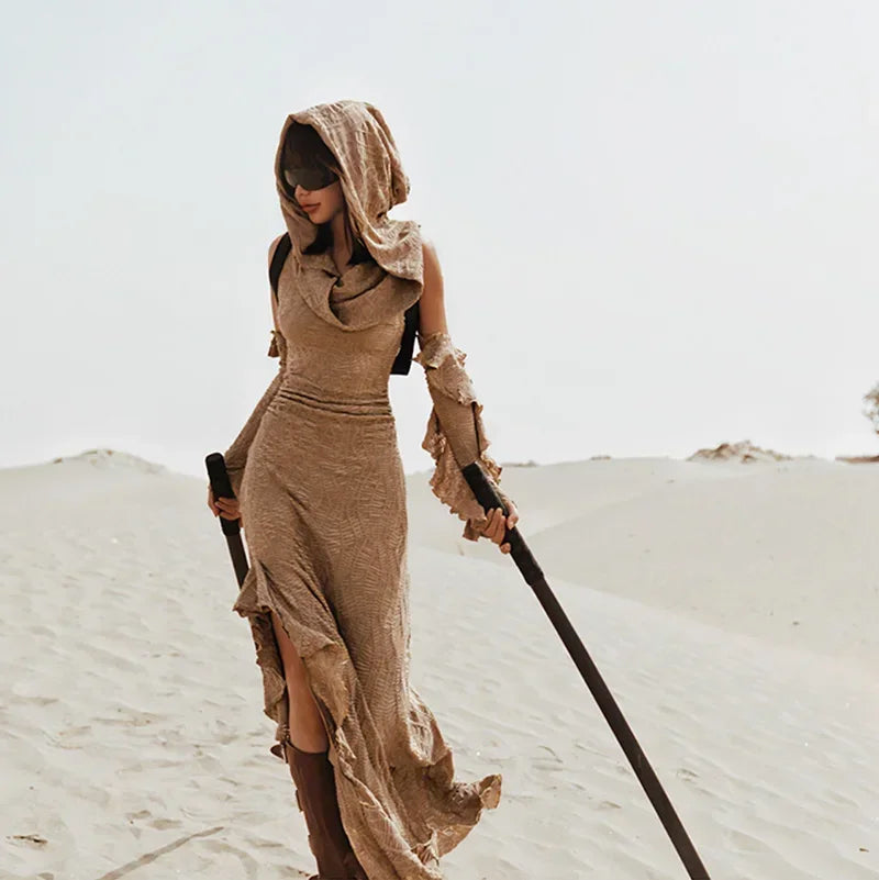 2 Pieces Set Women's Jacquard Knit Hooded Dress+Oversleeves Sets Desert Holiday Travel Wear Sand Dune Wasteland Style Dresses