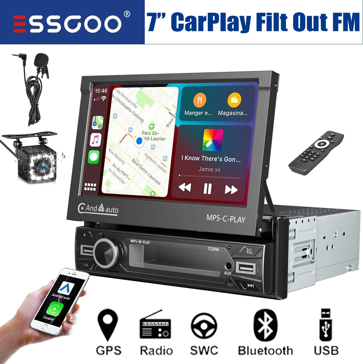 7" Single 1 DIN Flip Out Car Radio Stereo Apple Carplay & Android Auto HD Touch Screen MP5 Player Head Unit Bluetooth FM USB SWC