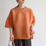 LANMREM High Quality 2026 Summer New Pleated Flare Half Sleeve T-shirt High-end Loose Fit Round Collar Pullover Tops 2DB6799