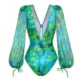 Flaxmaker Women Sexy Deep V Neck Long-sleeved Jungle Green Print One Piece Swimsuit And Skirt Summer Bathing Suit Monokini
